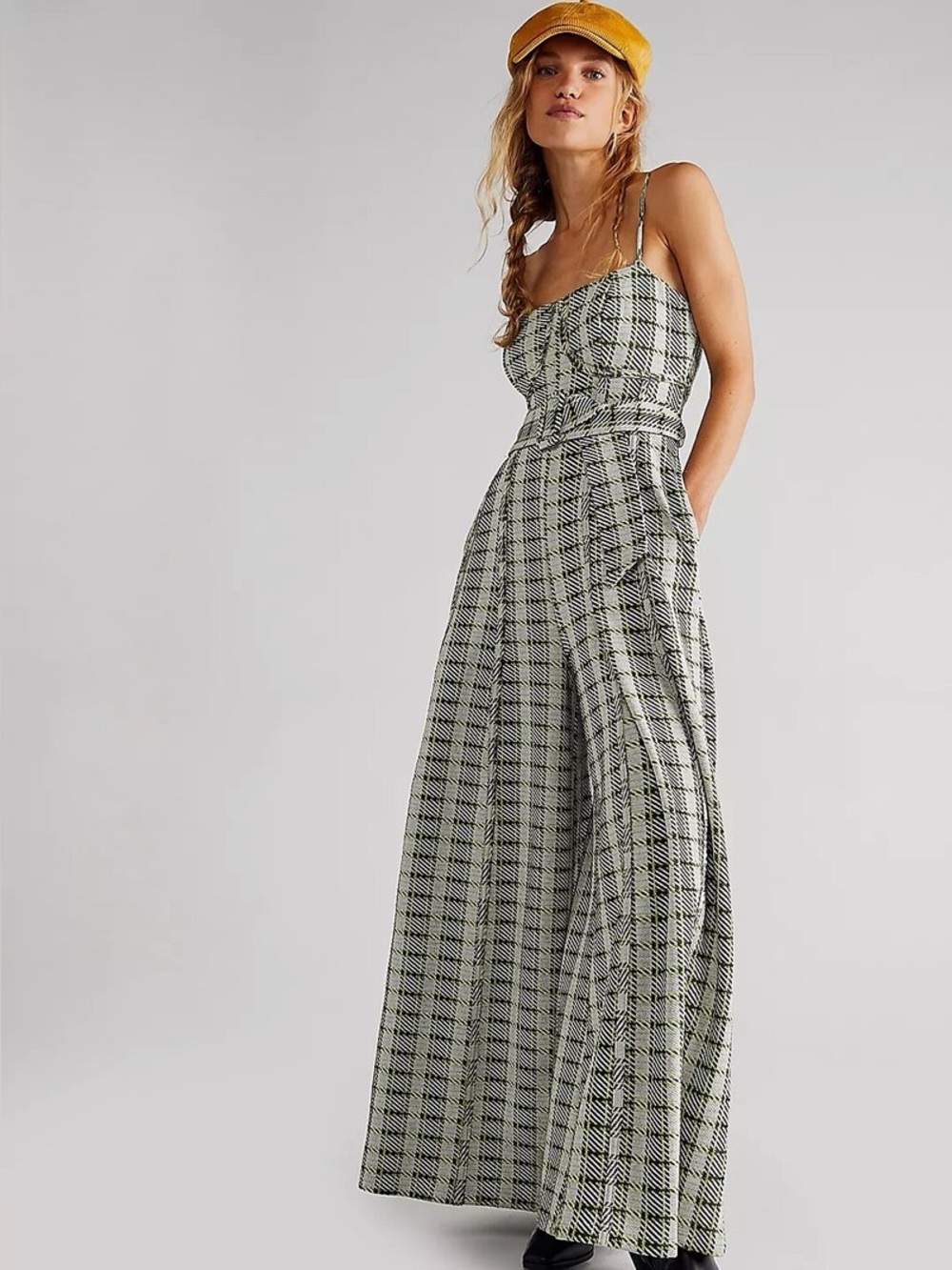 Free People Black and Cream Plaid Jumpsuit with Belt